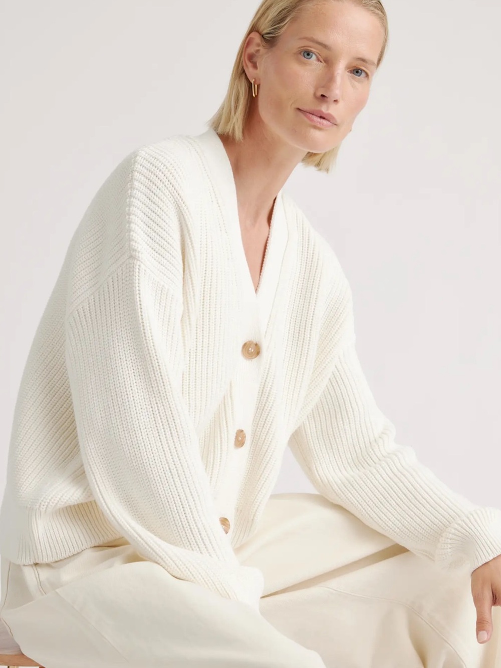 Quince Organic Cotton Fisherman Boxy Cropped Cardigan in Ivory